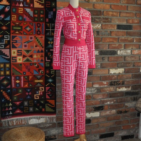 2 Pc Pink Barbiecore Bodycon Stretch High Waisted Pant Suit Cropped Jacket M-L - Picture 3 of 11